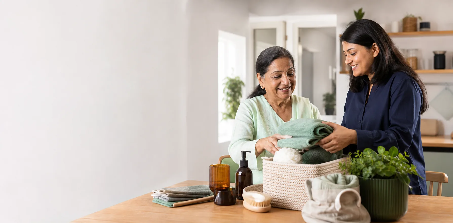 A mother and daughter organising everyday care essentials at home